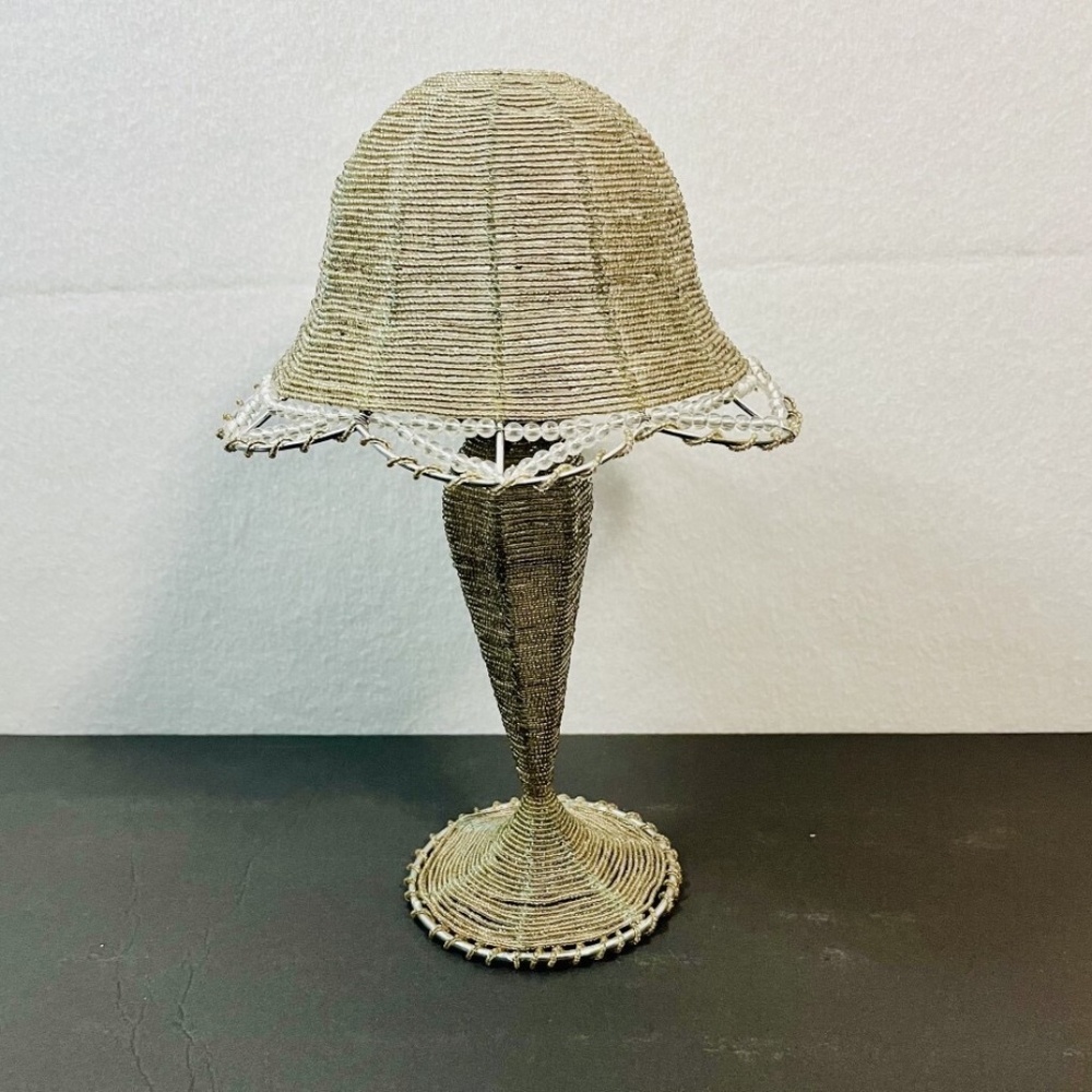 Beaded Tea Light Candle Holder Lamp and Shade Champagne Color Beads EUC